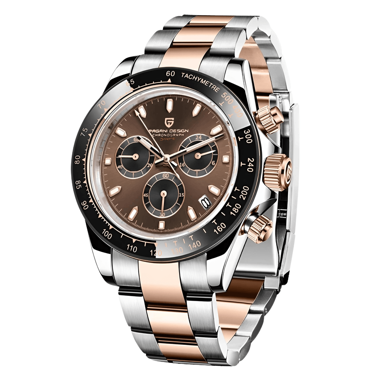 Luxury watch with brown face and silver and rose gold bracelet on white background.