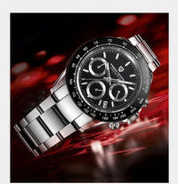 Thumbnail for Silver wristwatch with black dial on a red and black background