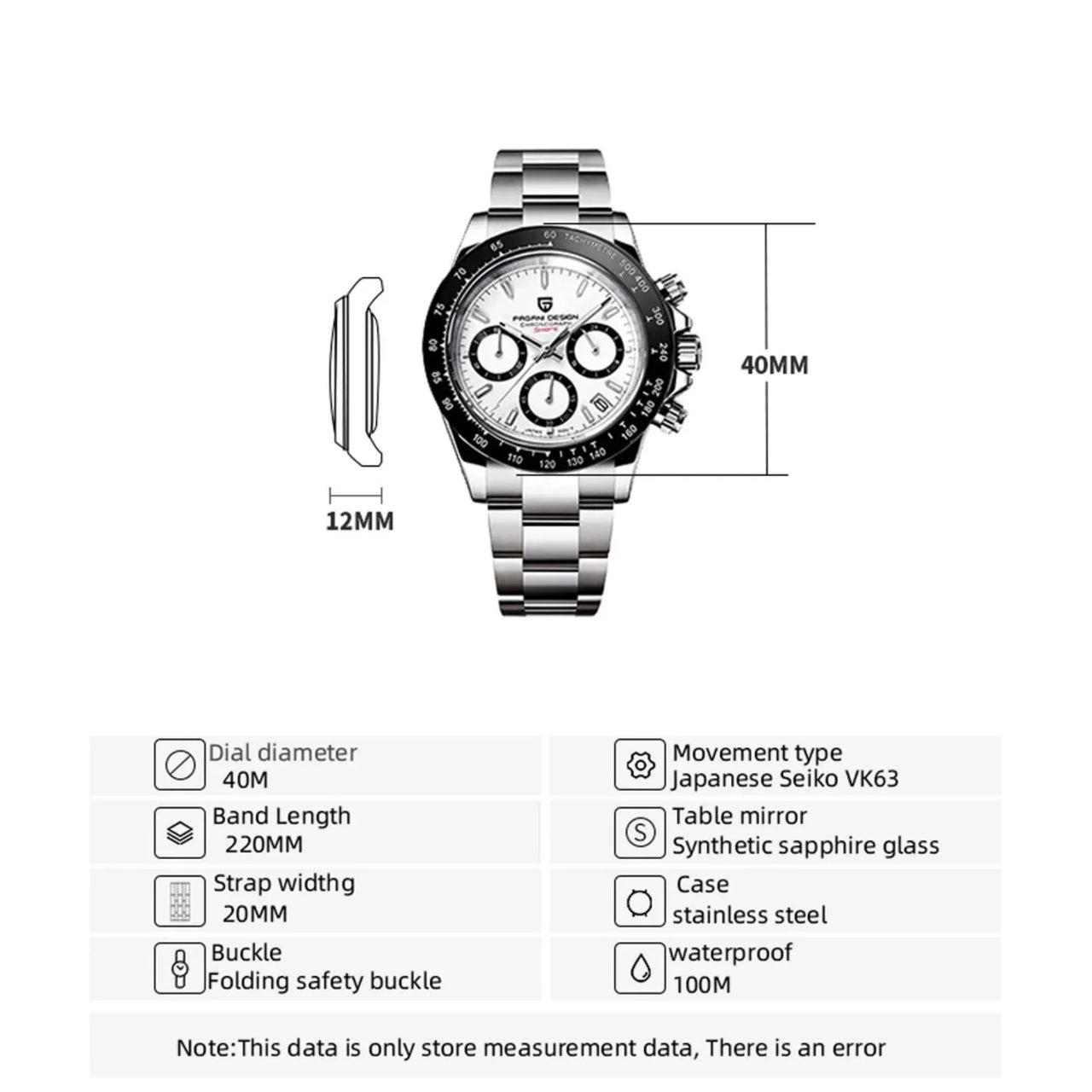 Wristwatch with measurement details on a white background