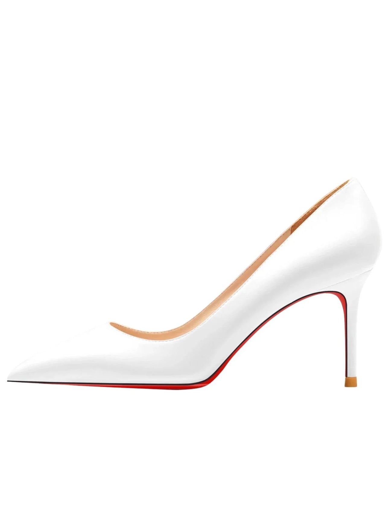 Luxury white high-heeled shoe with red sole on a white background