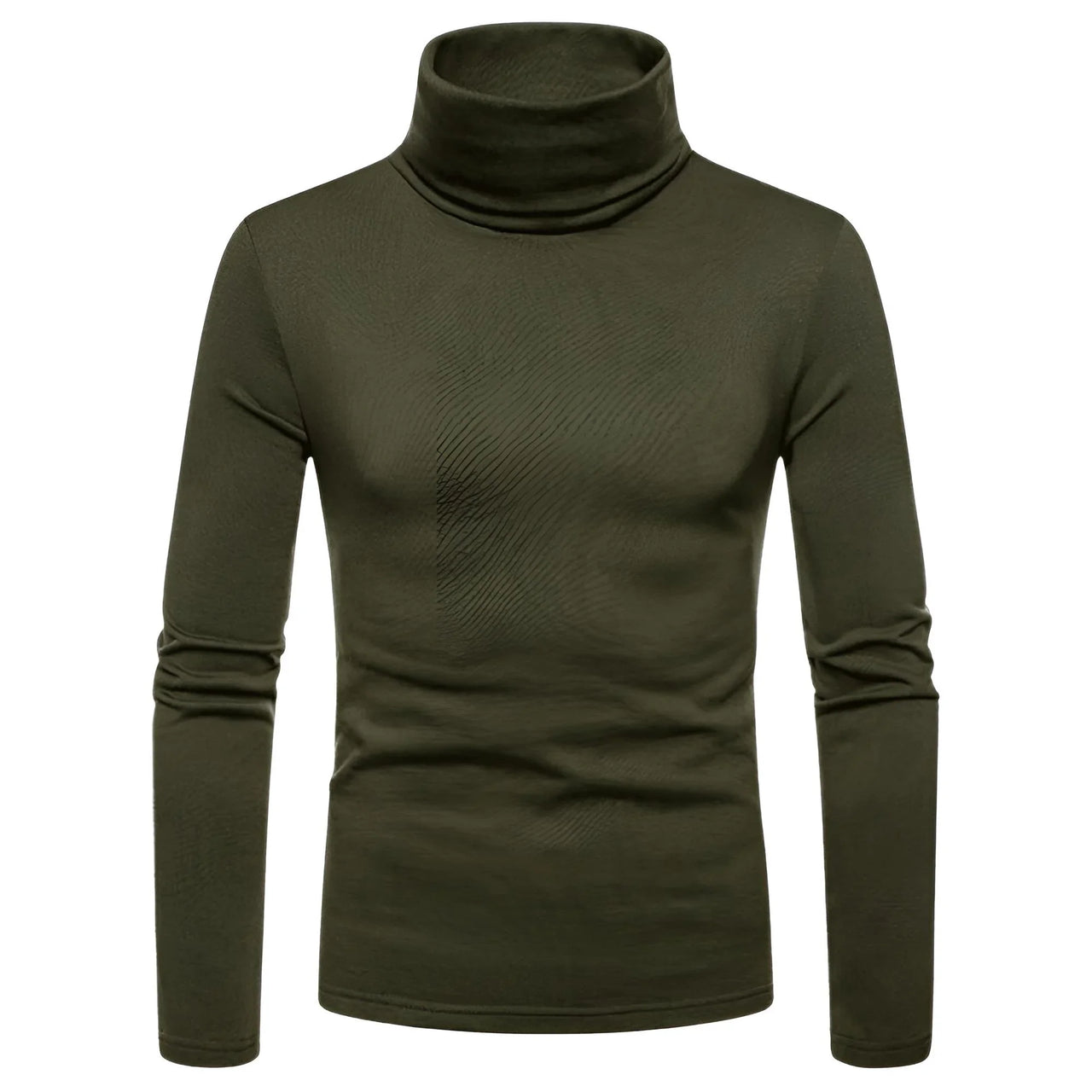 Army green turtleneck sweater on a white background