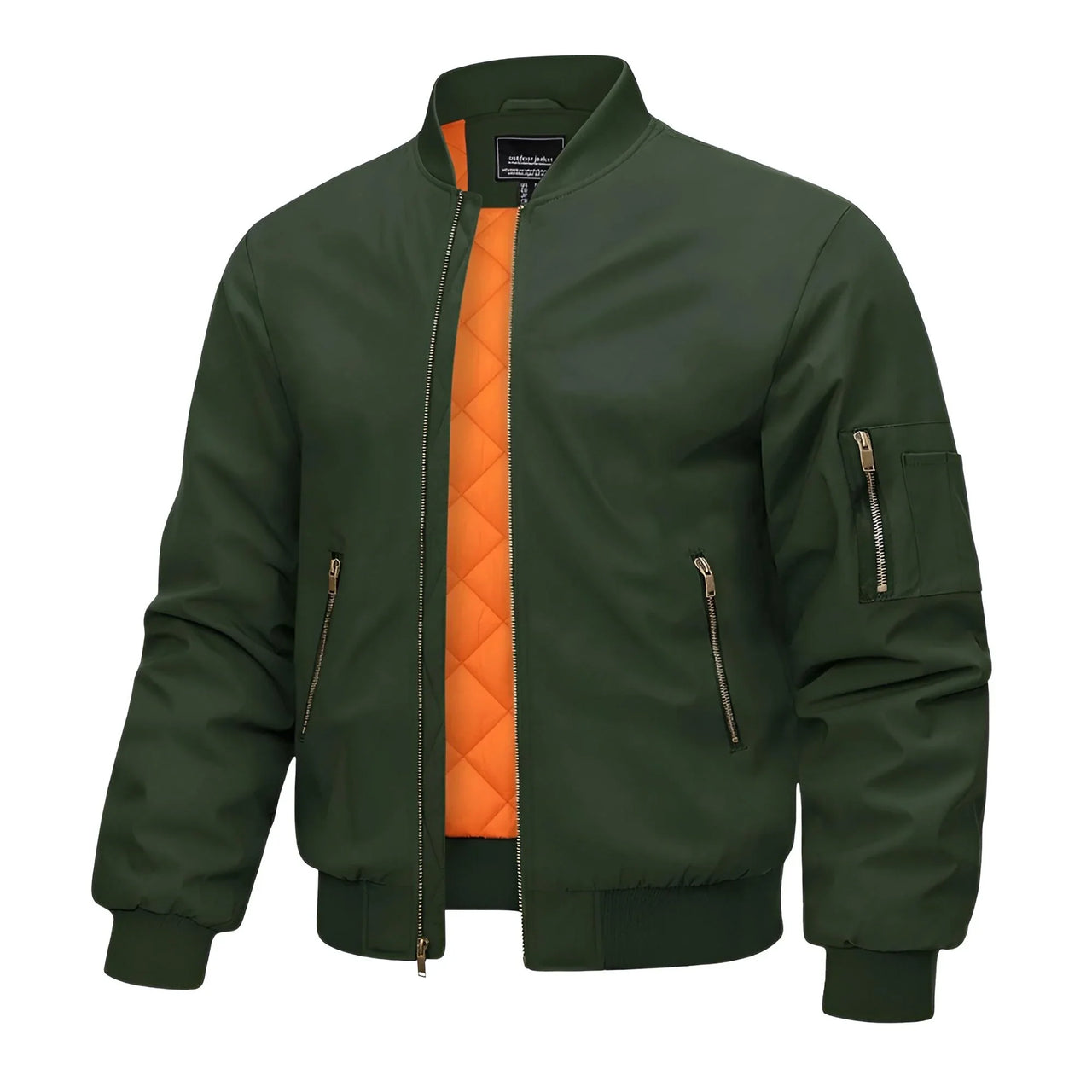 Army green bomber jacket with orange quilted lining on a white background