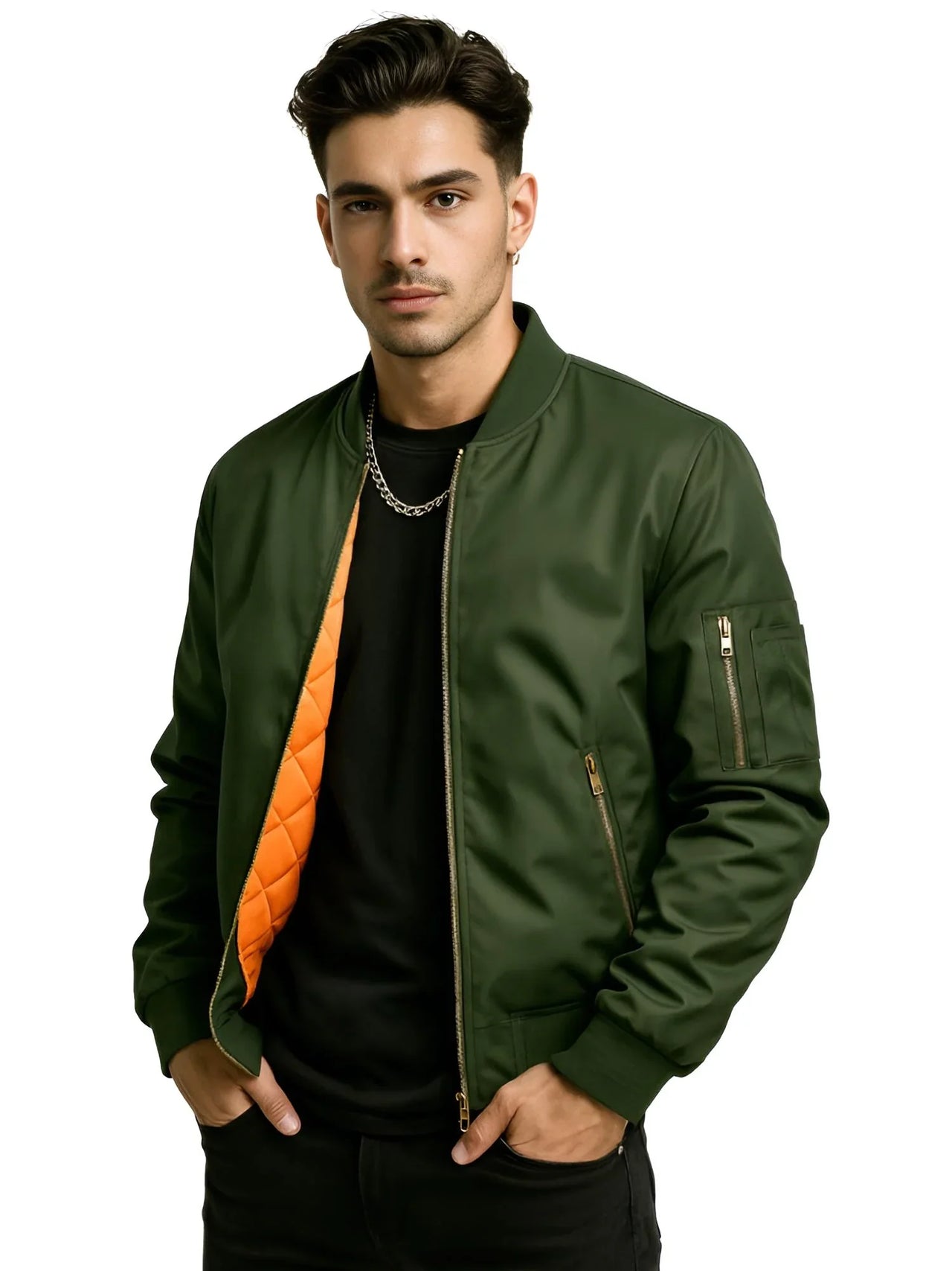 Man wearing an army green bomber jacket with an orange lining on a white background