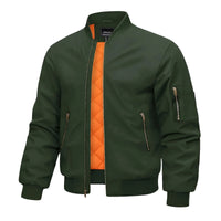 Thumbnail for Army green bomber jacket with orange quilted lining on a white background