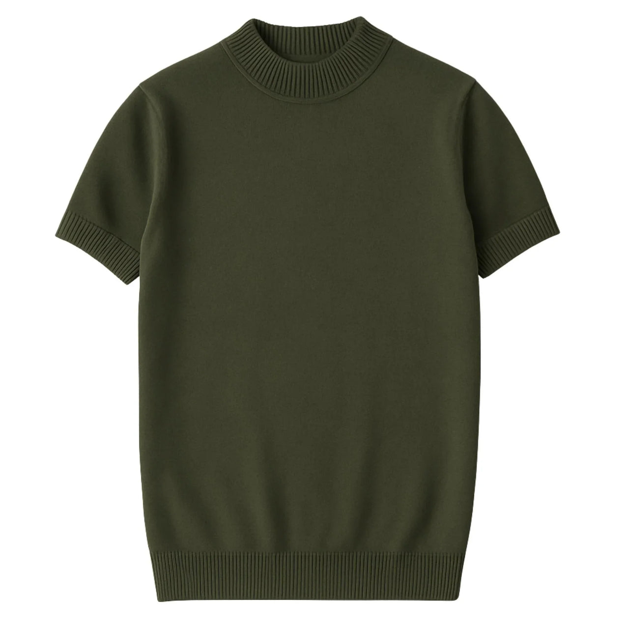 Army green short-sleeve mock neck shirt on a white background