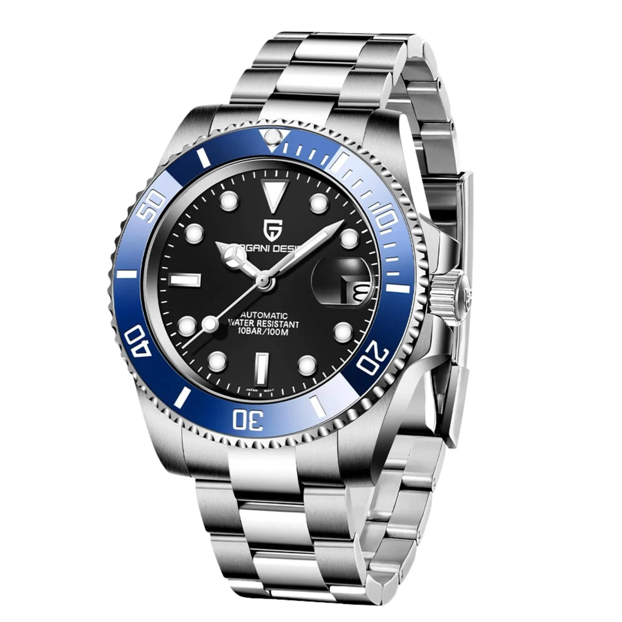 Watch with silver strap and blue bezel on a white background