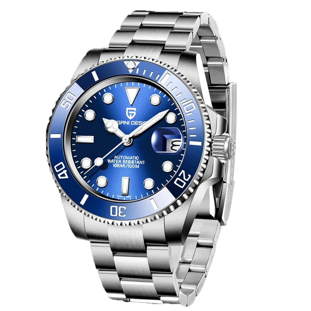 Silver watch with a blue face on a white background