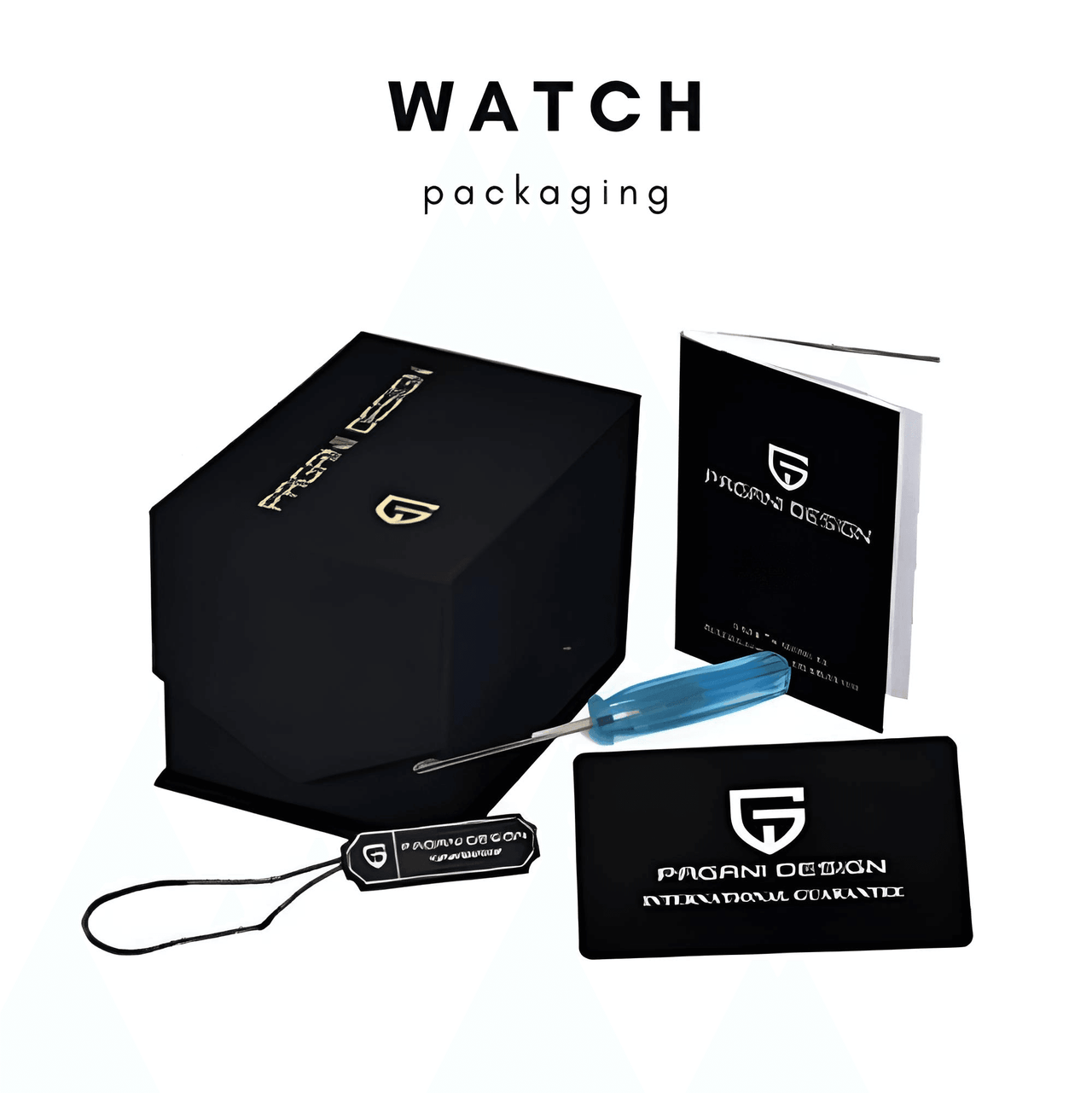 Pagani Design watch packaging set including box, card, and cleaning cloth on a white background