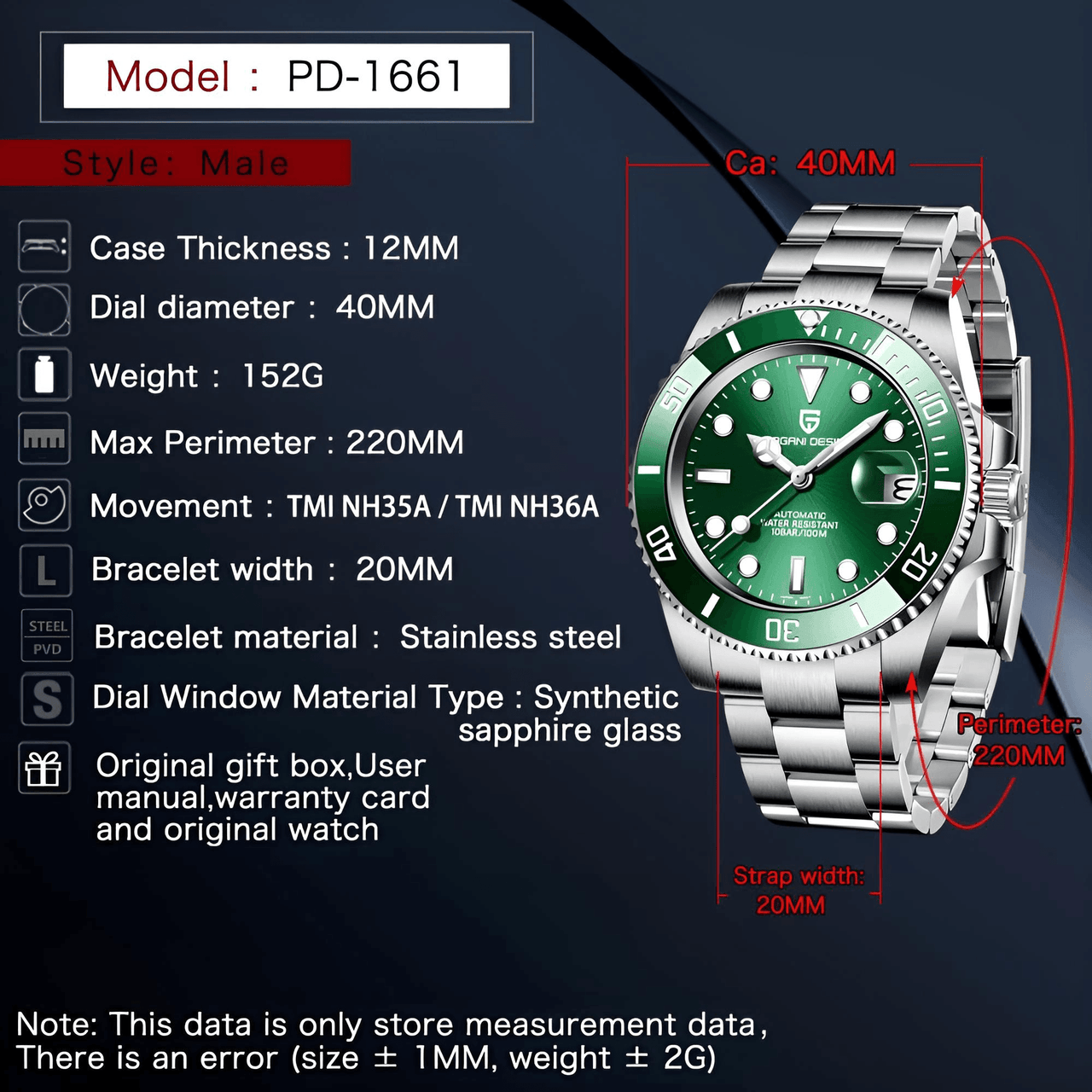 Green watch with detailed specifications on a dark background