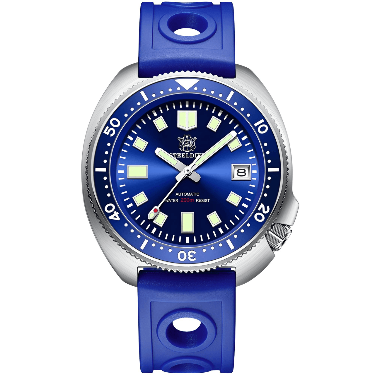 Men's Silver Turtle Blue watch with blue dial and blue strap on a white background