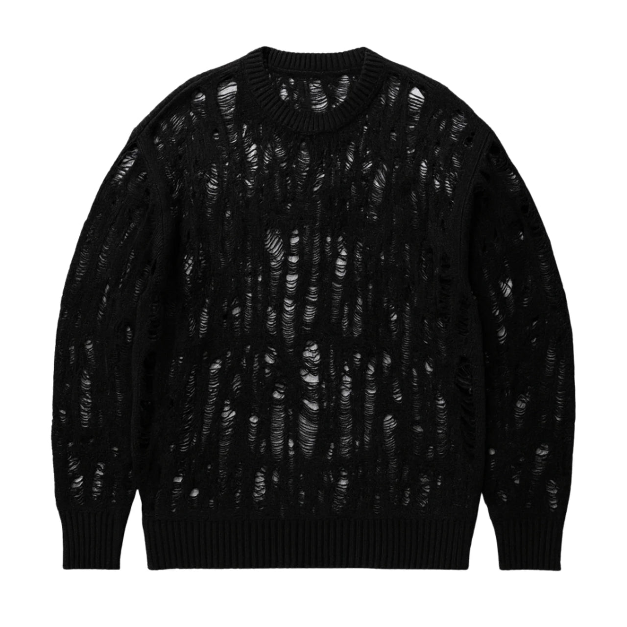 Black distressed sweater on a white background