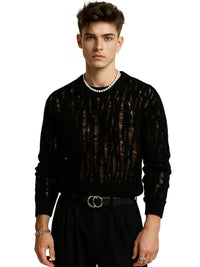 Thumbnail for Man wearing a black distressed sweater with a white background