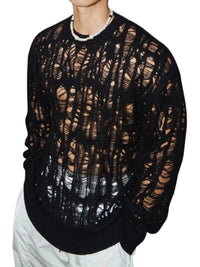Thumbnail for Black distressed sweater worn by a person on a white background