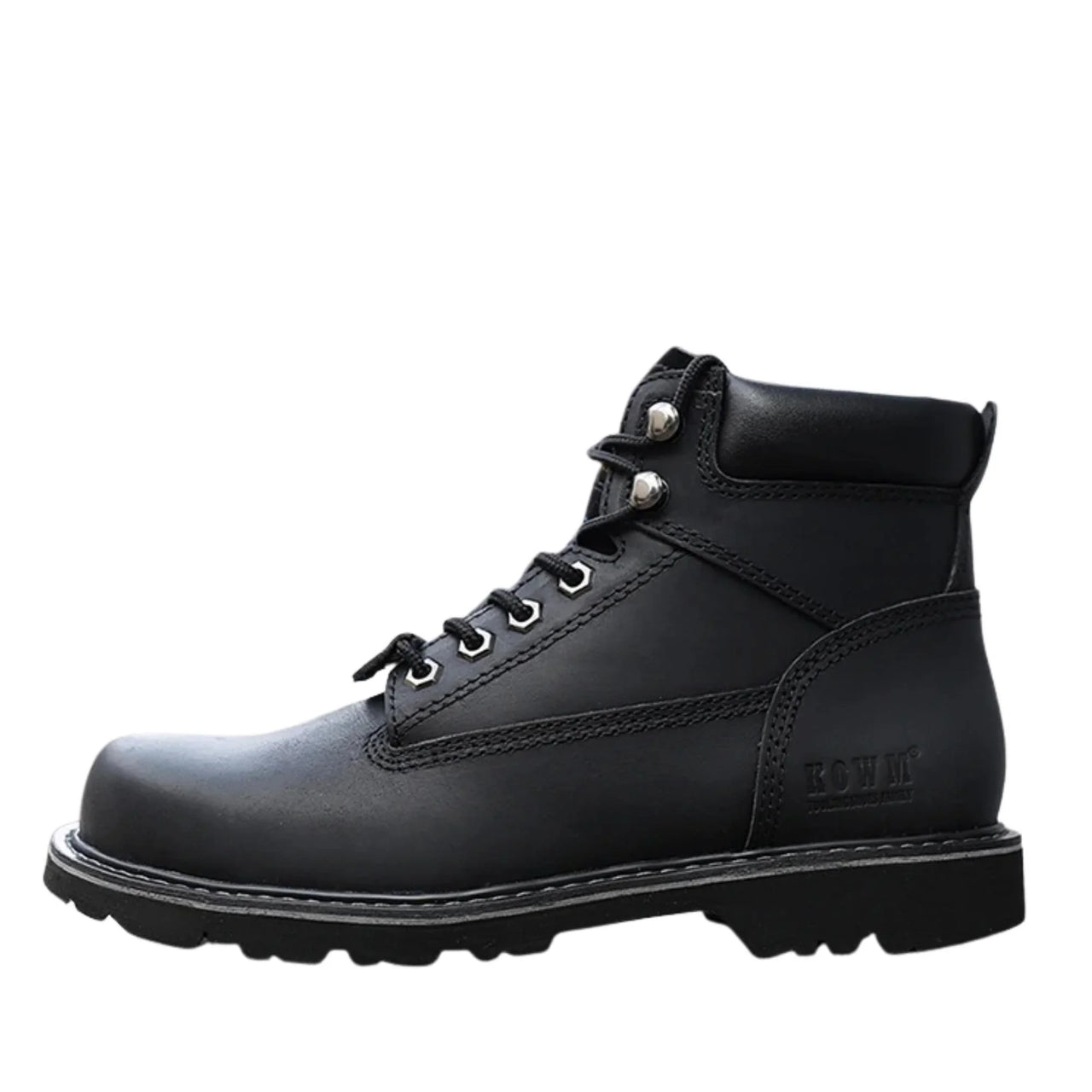 Black leather boot with visible brand logo on a white background