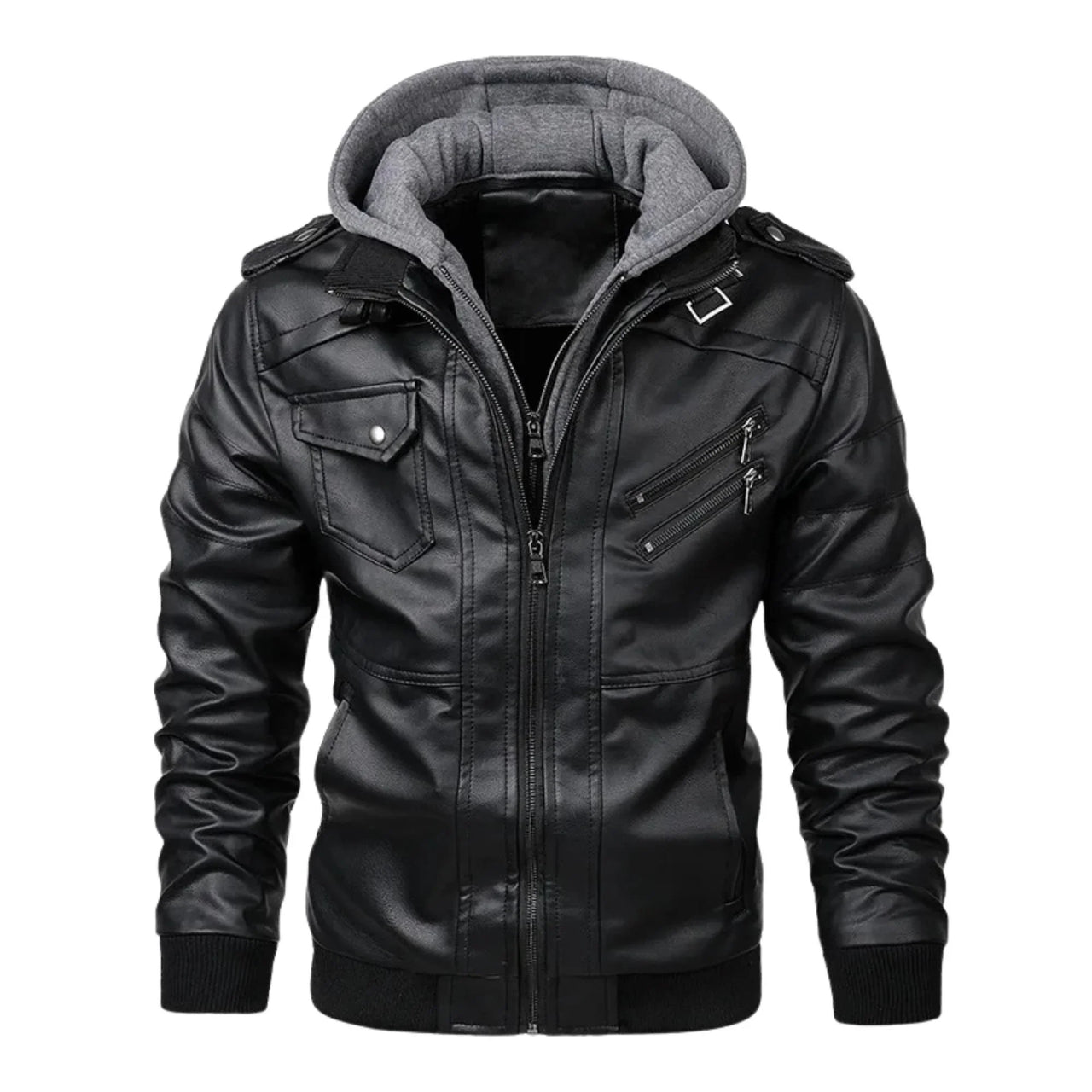 Black leather jacket with gray hood on a white background
