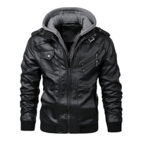 Thumbnail for Black leather jacket with gray hood on a white background