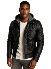 Thumbnail for Man wearing a black leather jacket with a gray hood on a white background