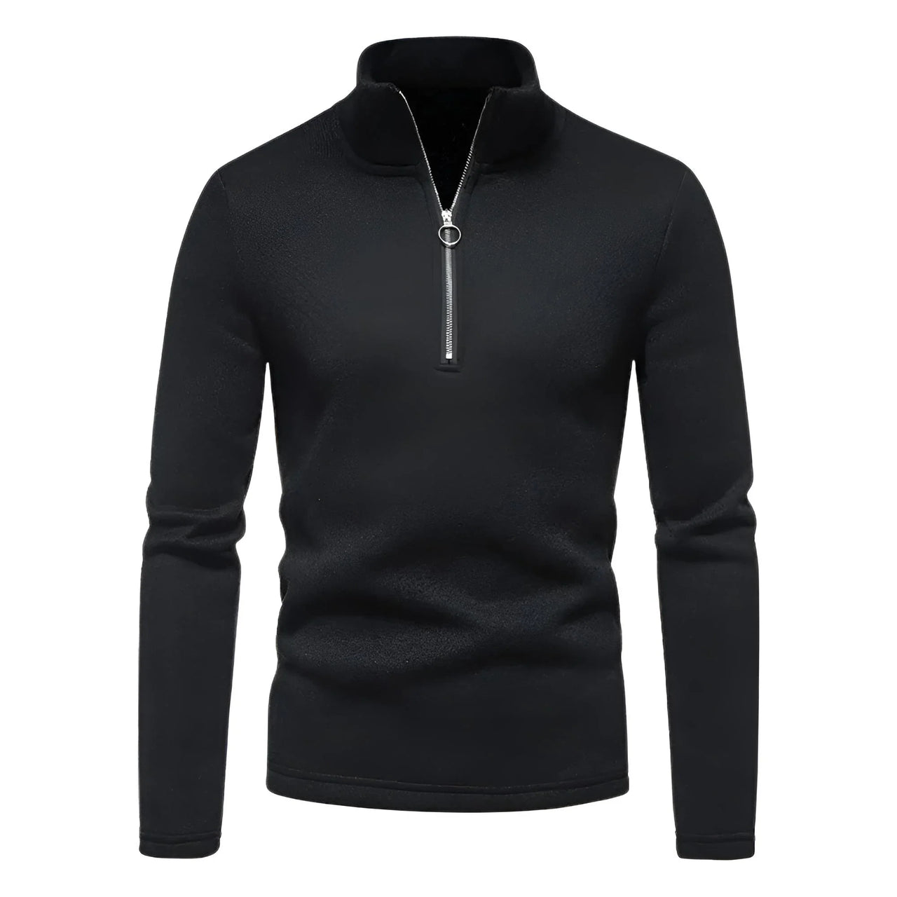 Black long-sleeve shirt with a half zipper on a white background