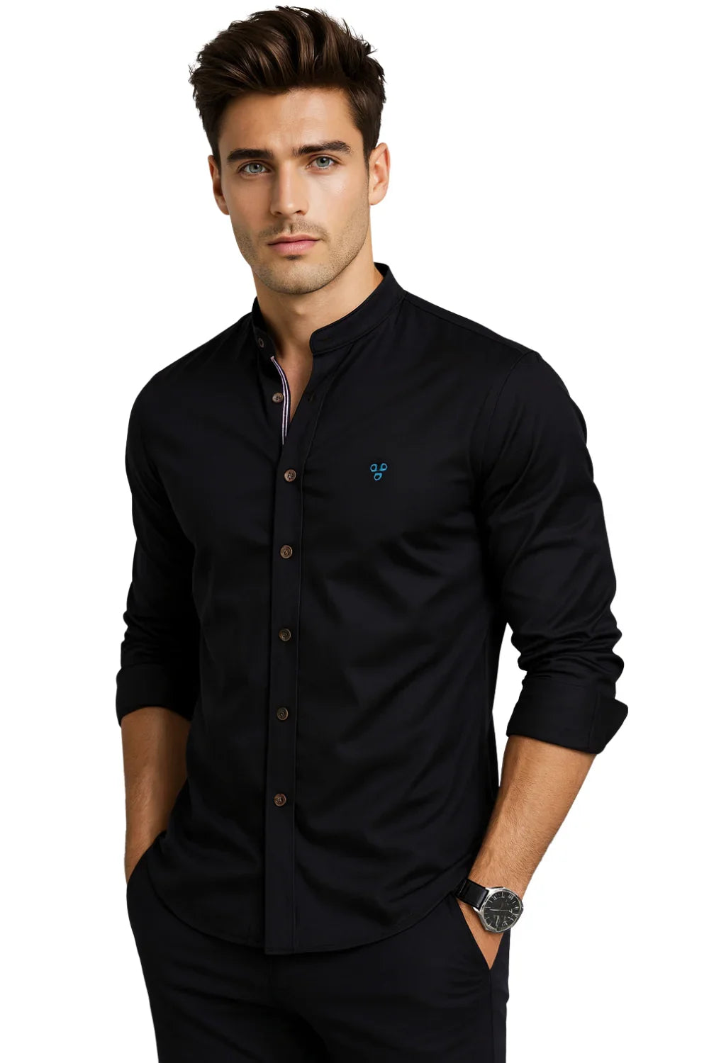 Man wearing a black button-up shirt with a small logo on a white background
