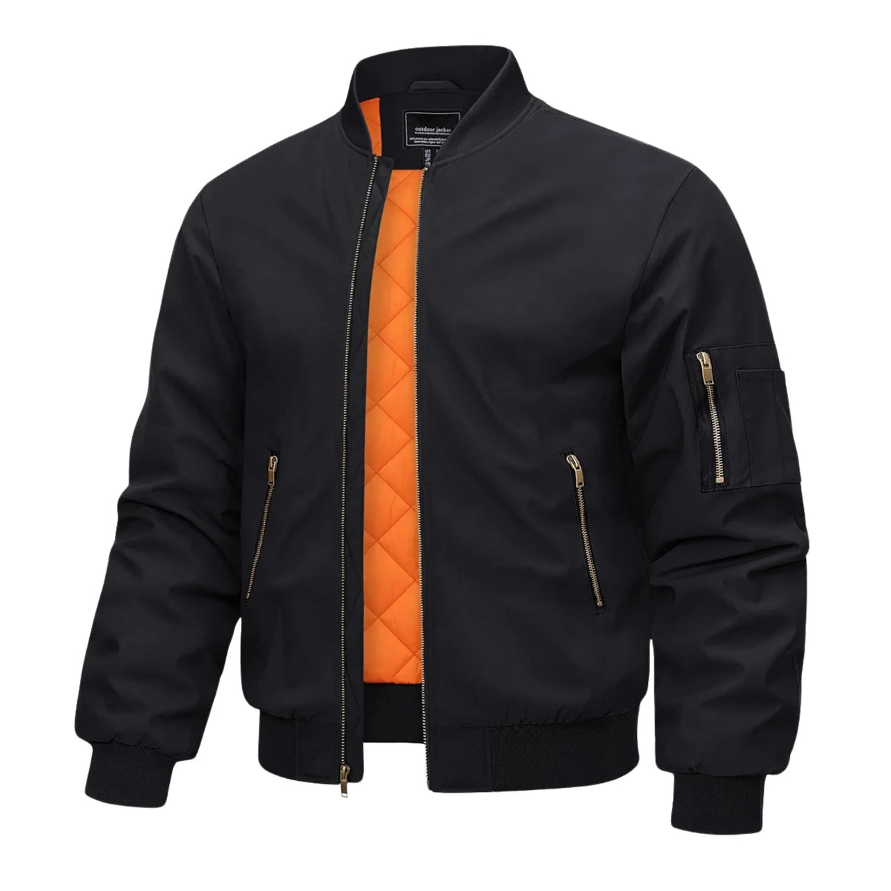 Black bomber jacket with orange quilted lining on a white background