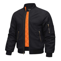 Thumbnail for Black bomber jacket with orange quilted lining on a white background