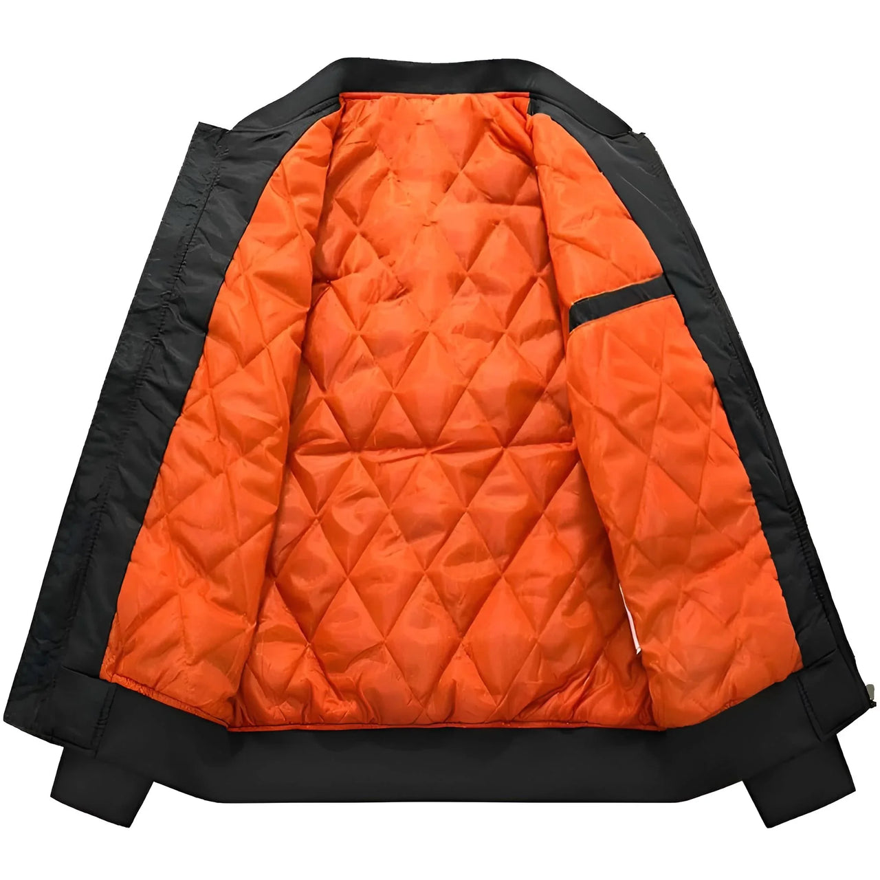 Men's black bomber jacket with orange quilted liner on a white background
