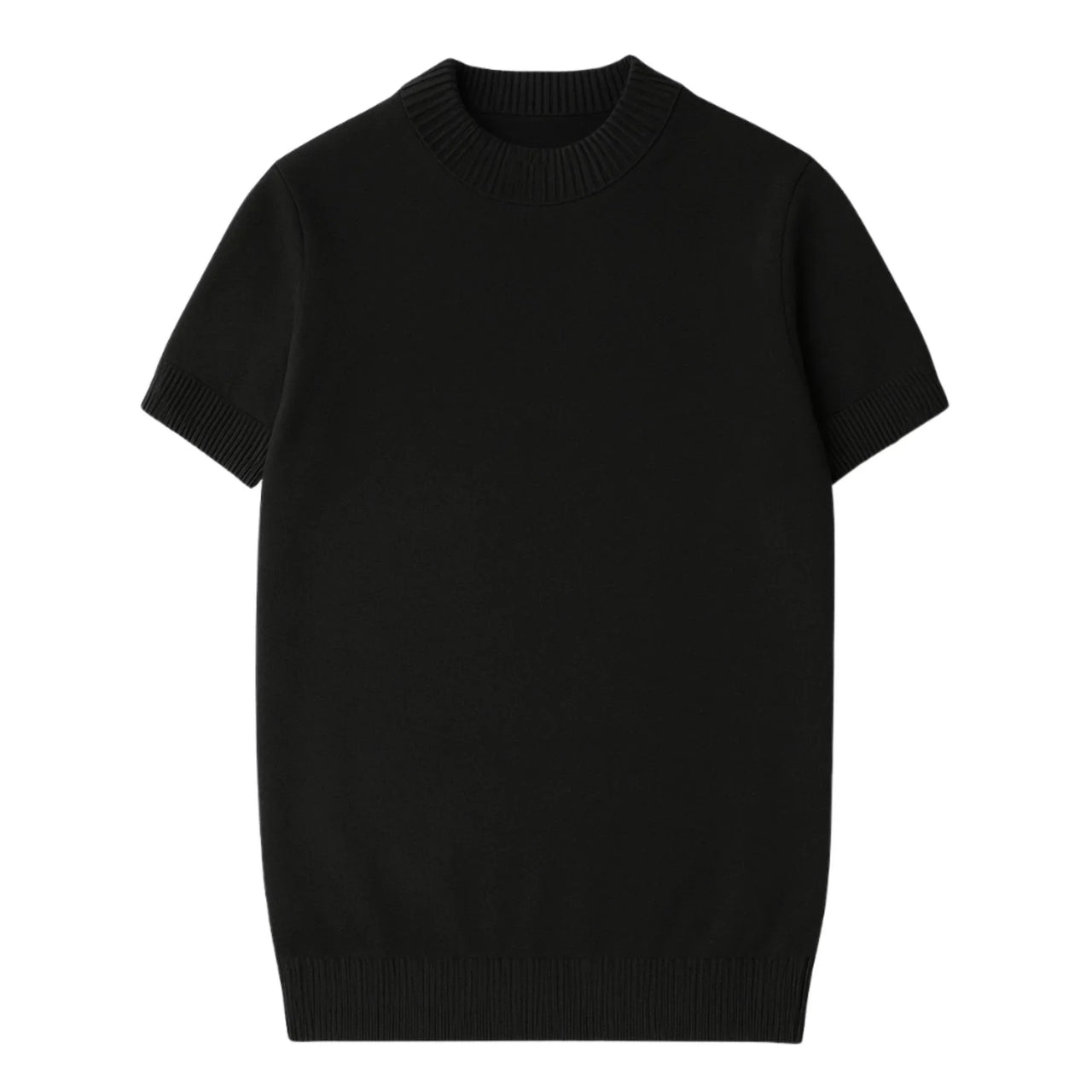 Short sleeve black mock neck shirt on a white background