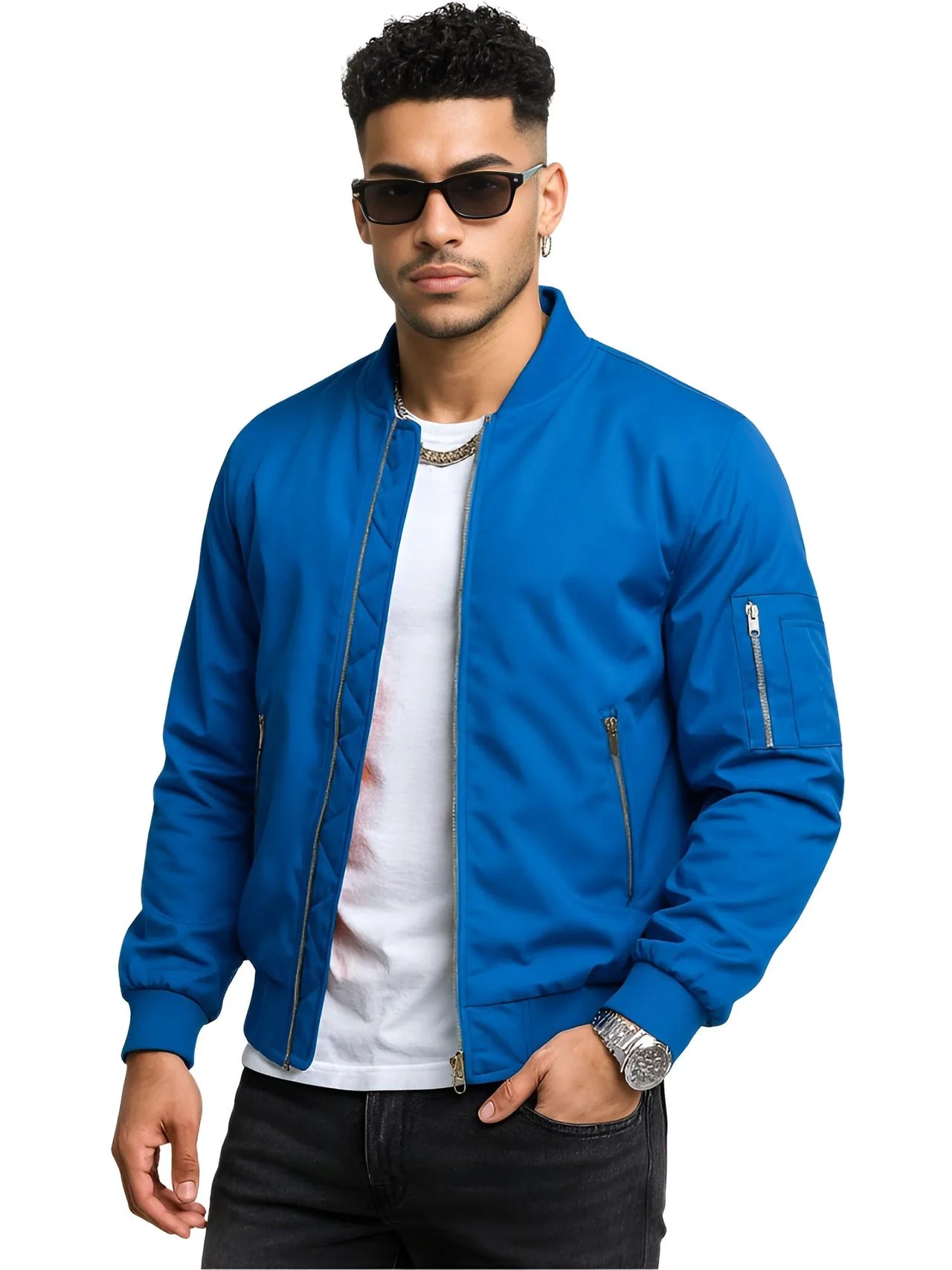 Man wearing a blue bomber jacket, white shirt, black pants, and sunglasses on a white background