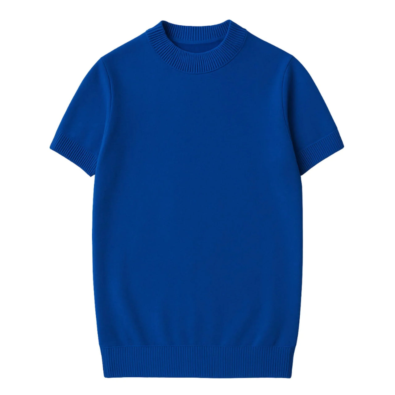 Short sleeve blue mock neck shirt on a white background