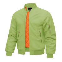 Thumbnail for Bright green bomber jacket with orange quilted lining on a white background