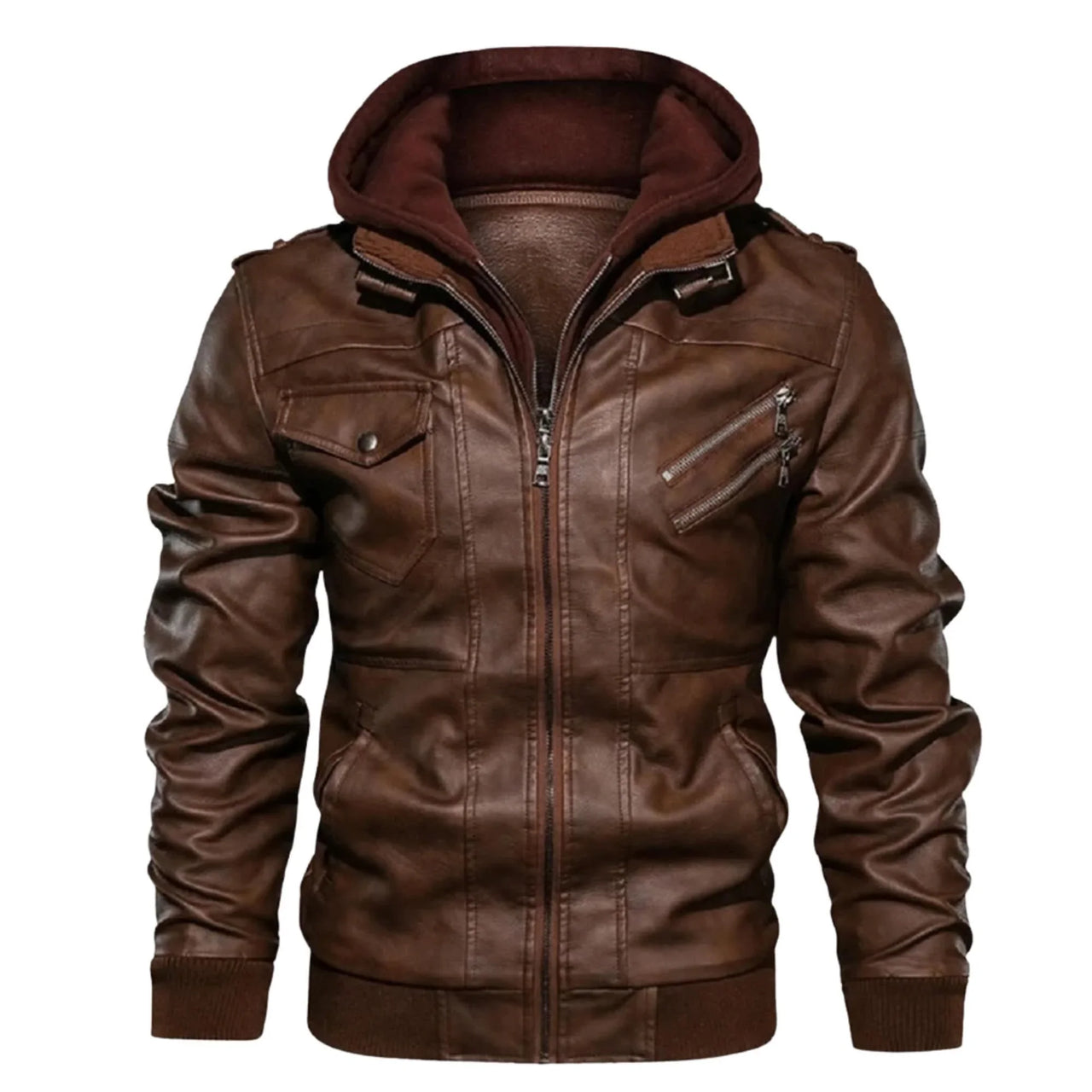 Brown leather jacket with a hood on a white background