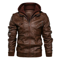 Thumbnail for Brown leather jacket with a hood on a white background