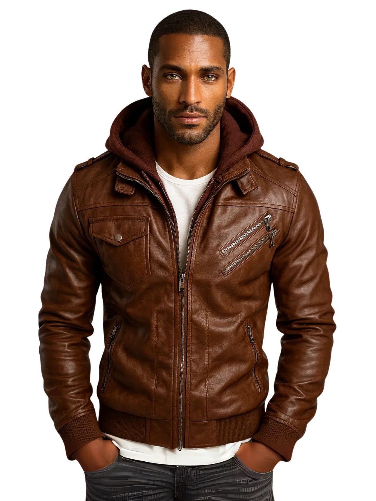 Man wearing a brown leather jacket with a hood on a white background