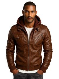 Thumbnail for Man wearing a brown leather jacket with a hood on a white background