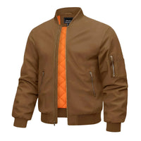 Thumbnail for Brown bomber jacket with orange quilted lining on a white background