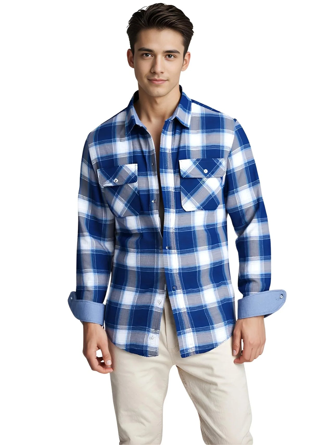 Man wearing a blue and white plaid shirt on a white background