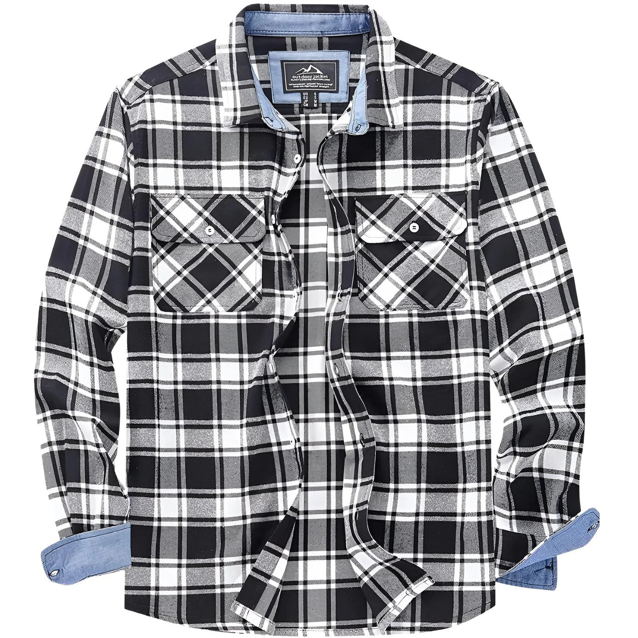 Black and white plaid shirt with blue accents on a white background