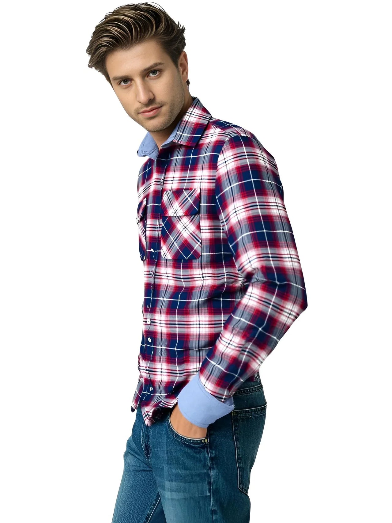 Man wearing a red and blue plaid shirt with a white background