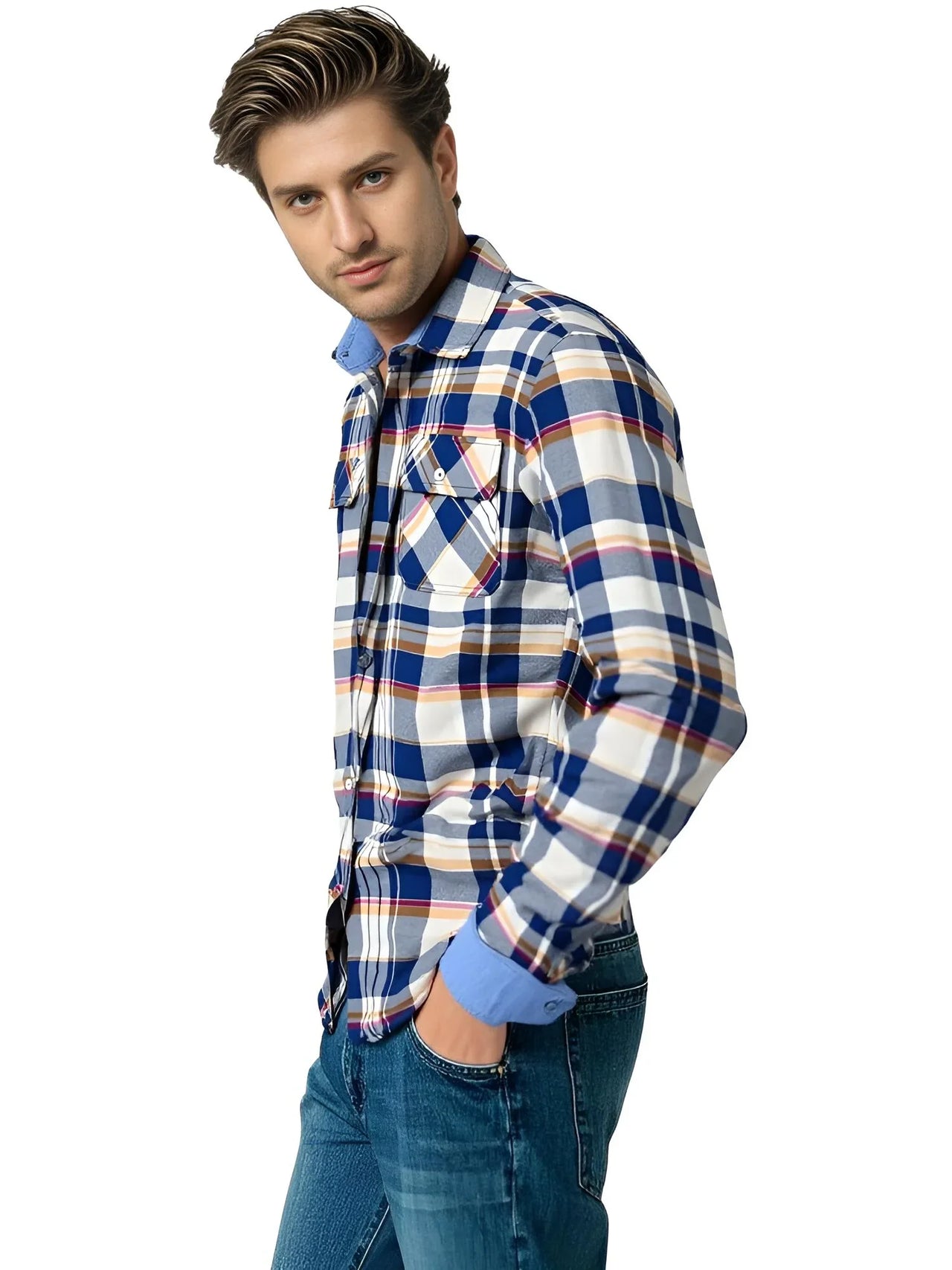 Man wearing a blue, yellow and white checkered shirt on a white background