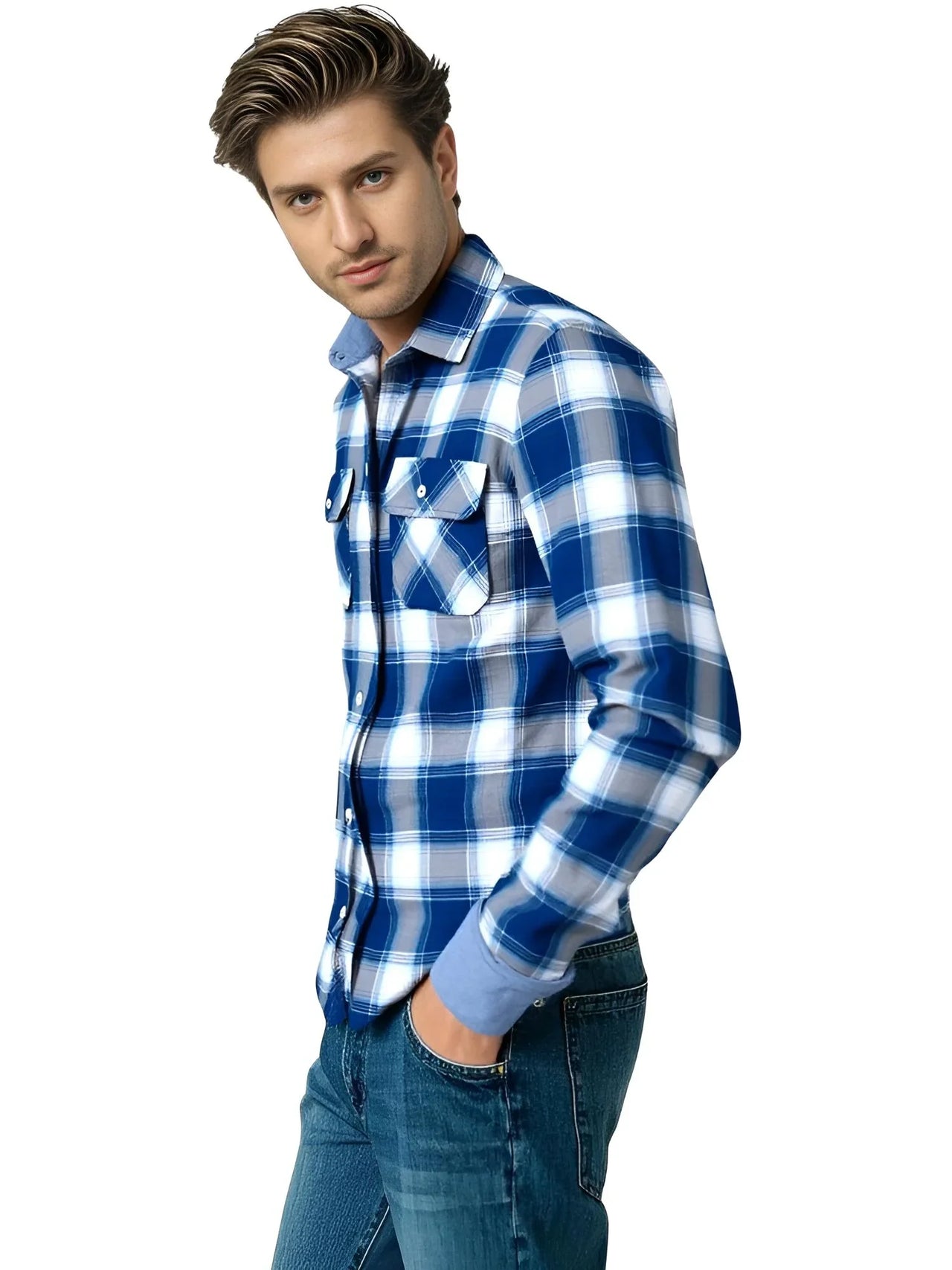 Man wearing a blue and white checkered shirt on a white background