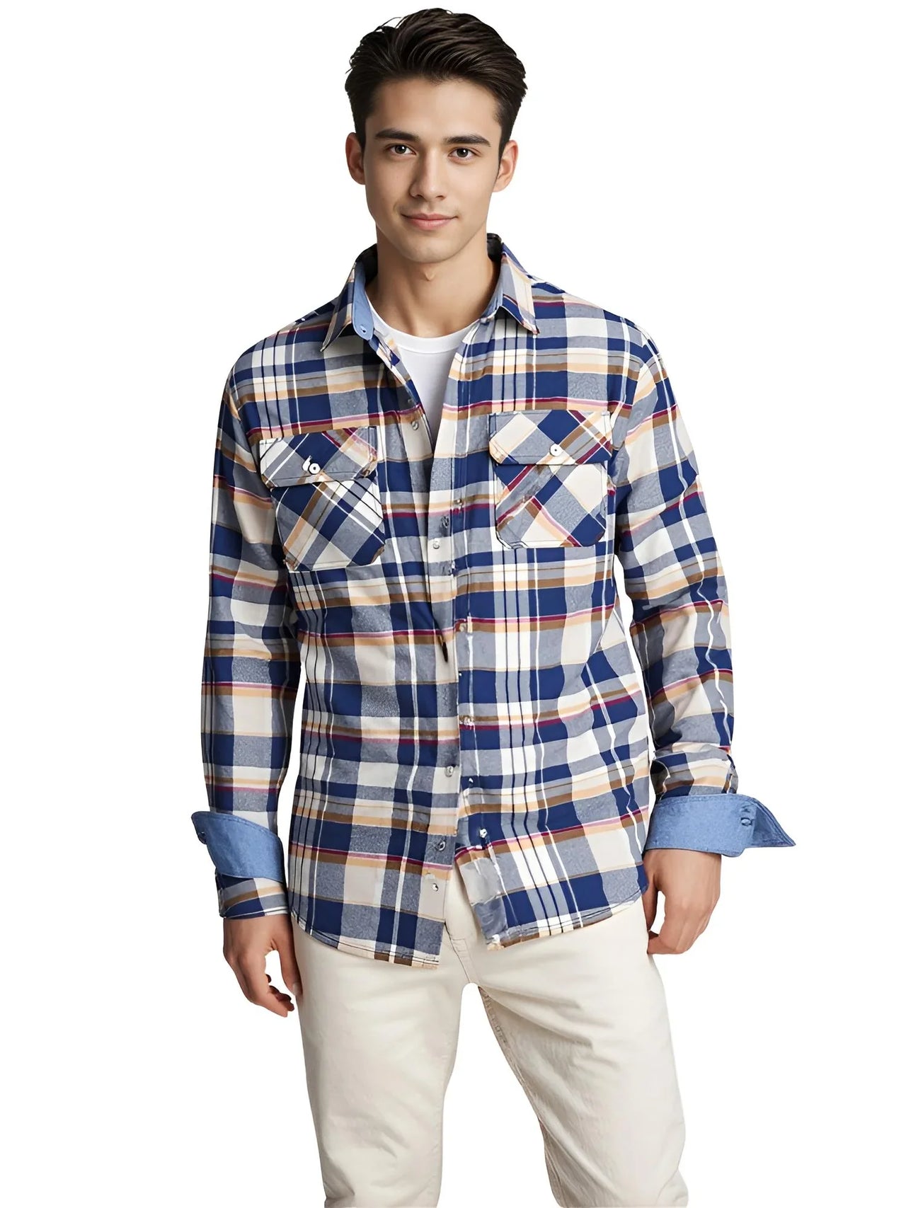 Man wearing a blue and yellow plaid shirt on a white background