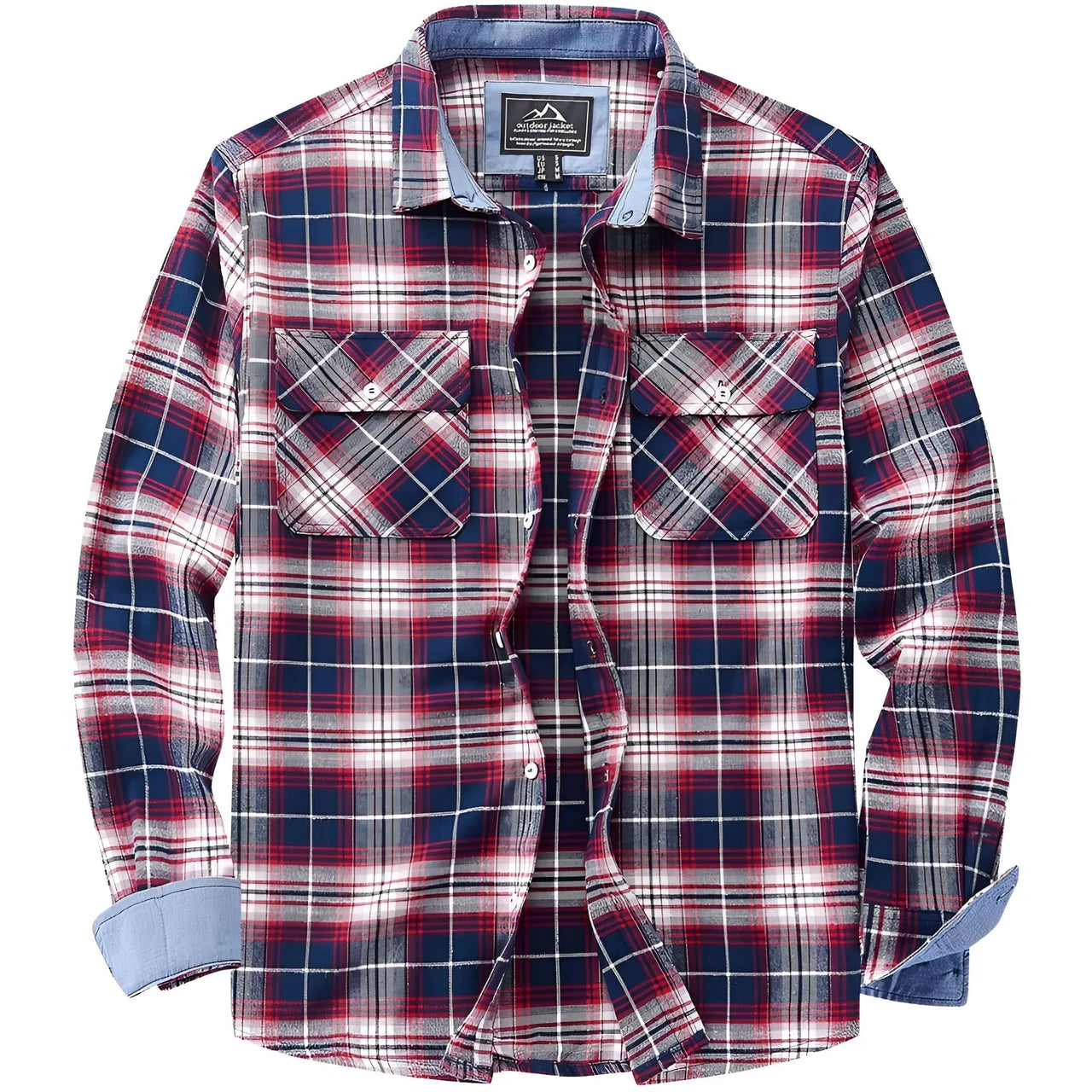 Plaid shirt with red, blue, and white pattern on a white background