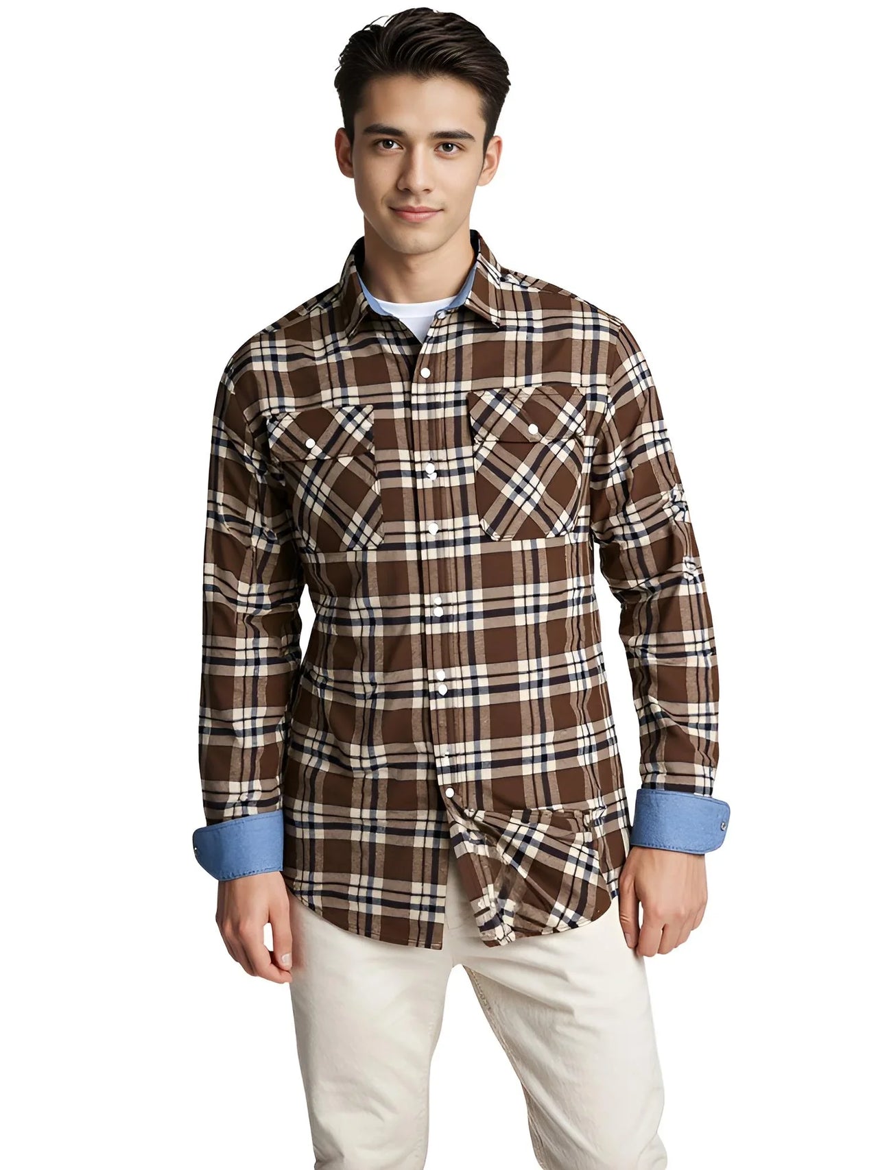 Man wearing a brown plaid shirt with rolled-up sleeves on a white background