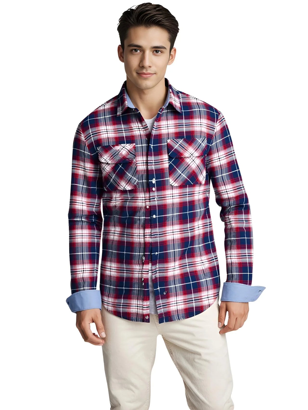 Man wearing a red and blue plaid shirt on a white background