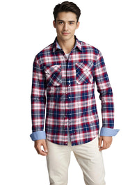 Thumbnail for Man wearing a red and blue plaid shirt on a white background