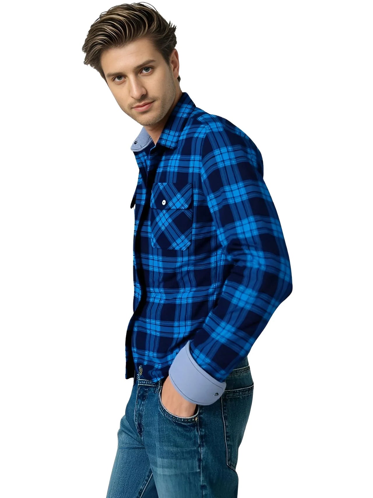 Men's Button-Down Plaid Shirt Men's Long Sleeve Flannel Shirts Cotton 2 Pocket Design Shirts, Drestiny, Casual Shirts, Long Sleeves, S, M, L, XL, XXL, 3XL, 4XL, United States, USA, Canada, Australia, New Zealand, United Kingdom, UK, Blue, Black, Black and White, Red, men's flannel shirt, plaid button up shirt, men's casual button down shirt, buffalo plaid shirt, men's long sleeve plaid shirt, men's check shirt, men's flannel check shirt, men's casual shirt, lumberjack shirt, shopdrestiny.com