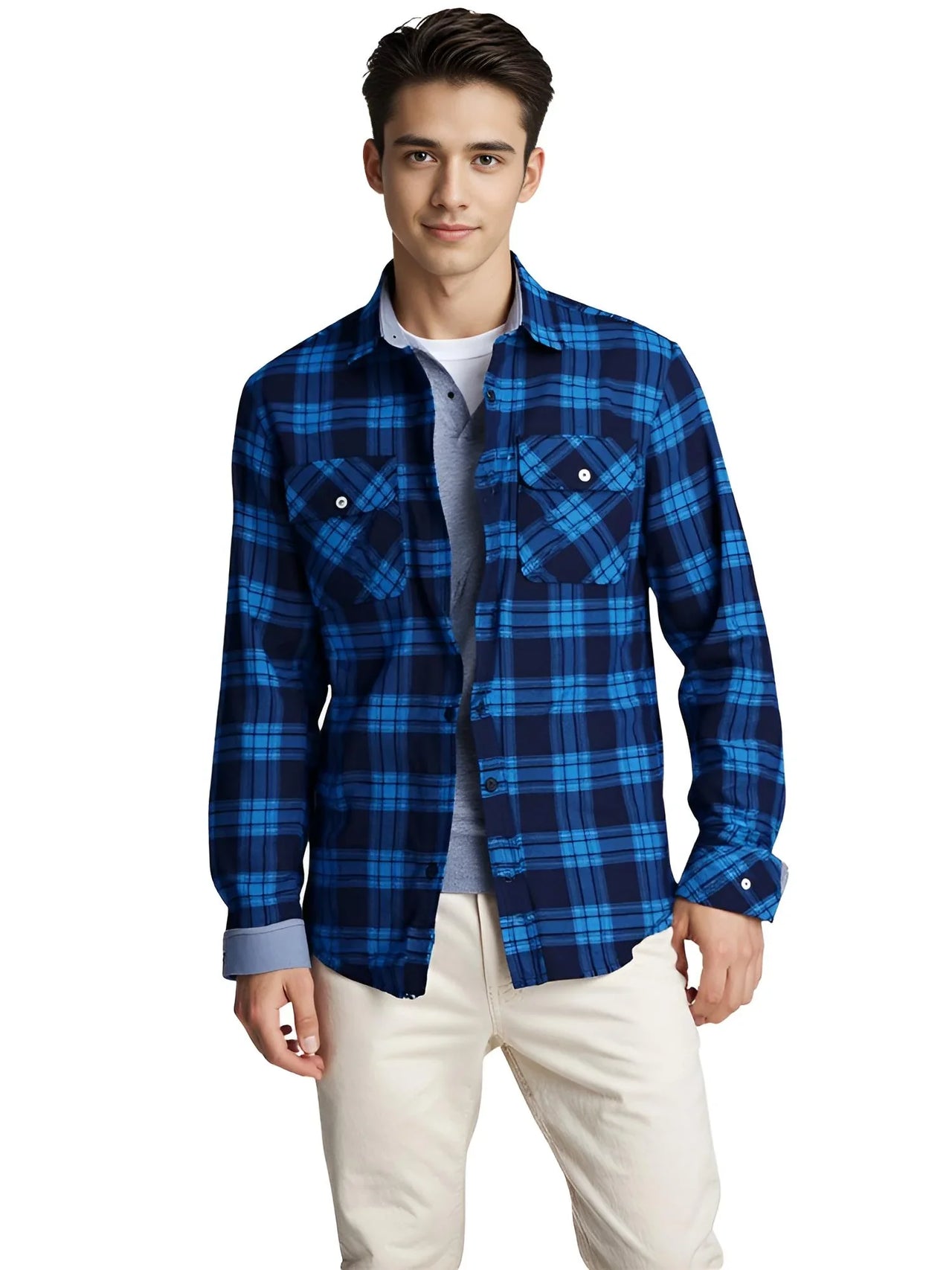 Men's Button-Down Plaid Shirt Men's Long Sleeve Flannel Shirts Cotton 2 Pocket Design Shirts, Drestiny, Casual Shirts, Long Sleeves, S, M, L, XL, XXL, 3XL, 4XL, United States, USA, Canada, Australia, New Zealand, United Kingdom, UK, Blue, Black, Black and White, Red, men's flannel shirt, plaid button up shirt, men's casual button down shirt, buffalo plaid shirt, men's long sleeve plaid shirt, men's check shirt, men's flannel check shirt, men's casual shirt, lumberjack shirt, shopdrestiny.com