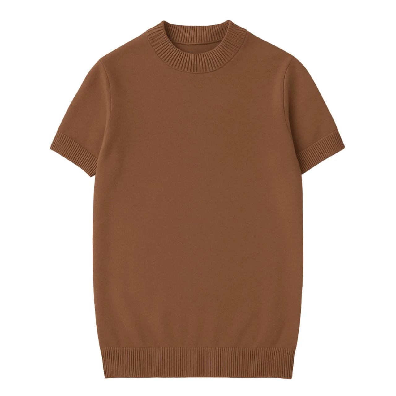 Short sleeve brown mock neck shirt on a white background