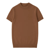 Thumbnail for Short sleeve brown mock neck shirt on a white background
