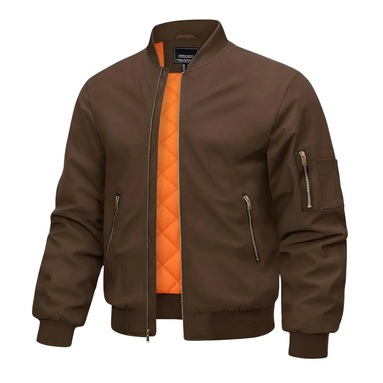 Dark brown bomber jacket with orange quilted lining on a white background
